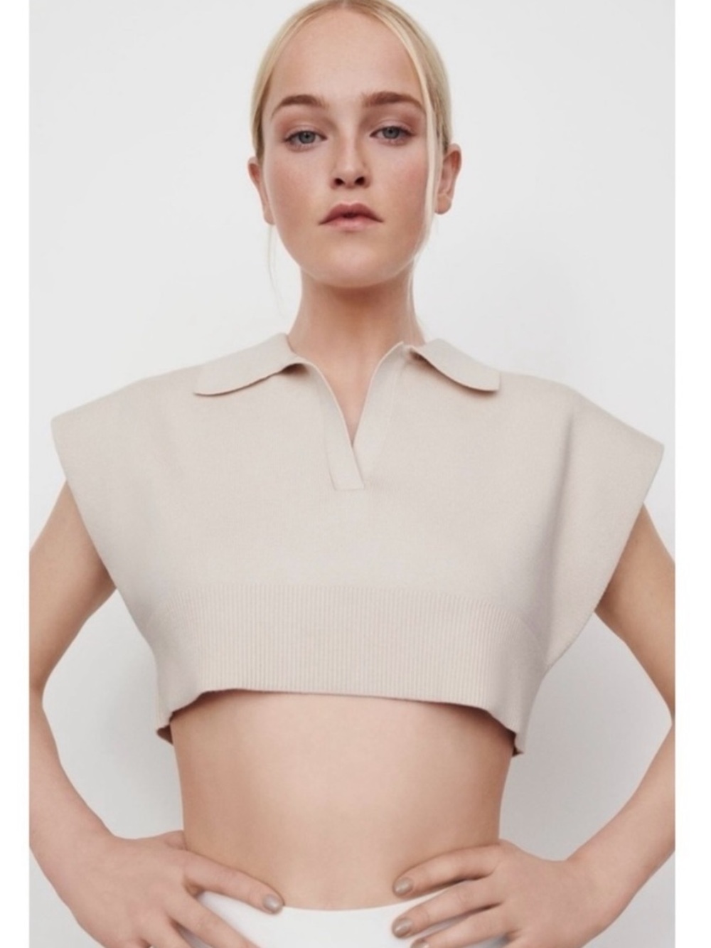 Zara Neutral Beige Sleeveless Cropped Polo Top
